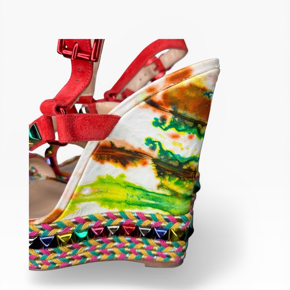 Christian Louboutin Red Multicolor Platform Espadrille Wedges Size 38 - Picture 9 of 10